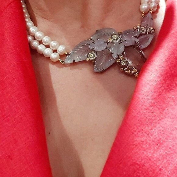 Natural Amethyst, Ametrine, Pearl‎ 925 Silver Necklace With Carved Stones - Picture 2 of 5